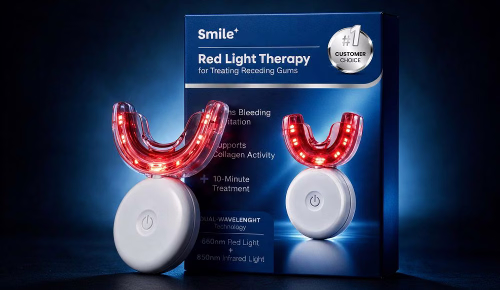 Boquilla RenuvaSmile en forma de U iluminada en rojo sobre su mando blanco, delante de la caja azul