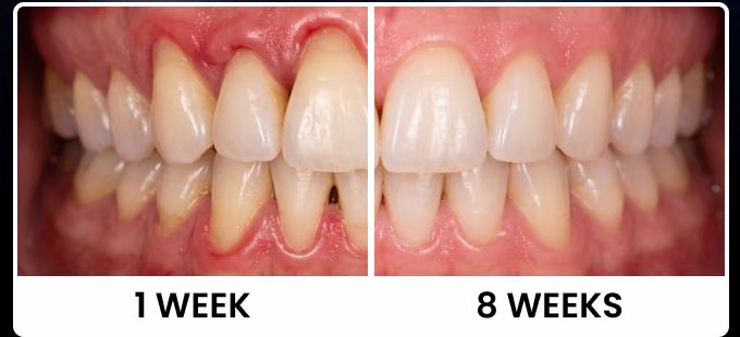 Primer plano de la misma sonrisa en dos fotos, con las etiquetas 1 semana y 8 semanas