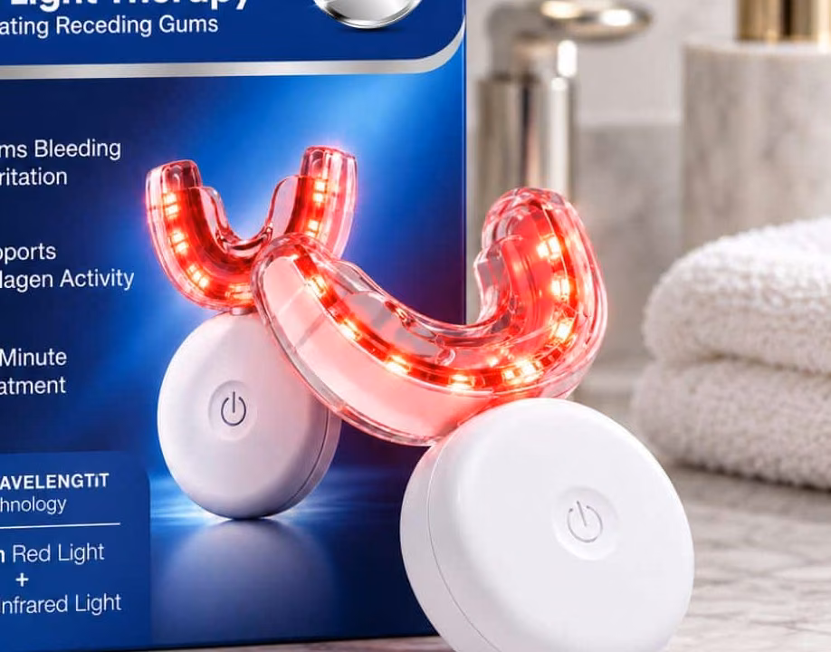 Boquilla RenuvaSmile iluminada en rojo sobre su mando, encima de la encimera del baño